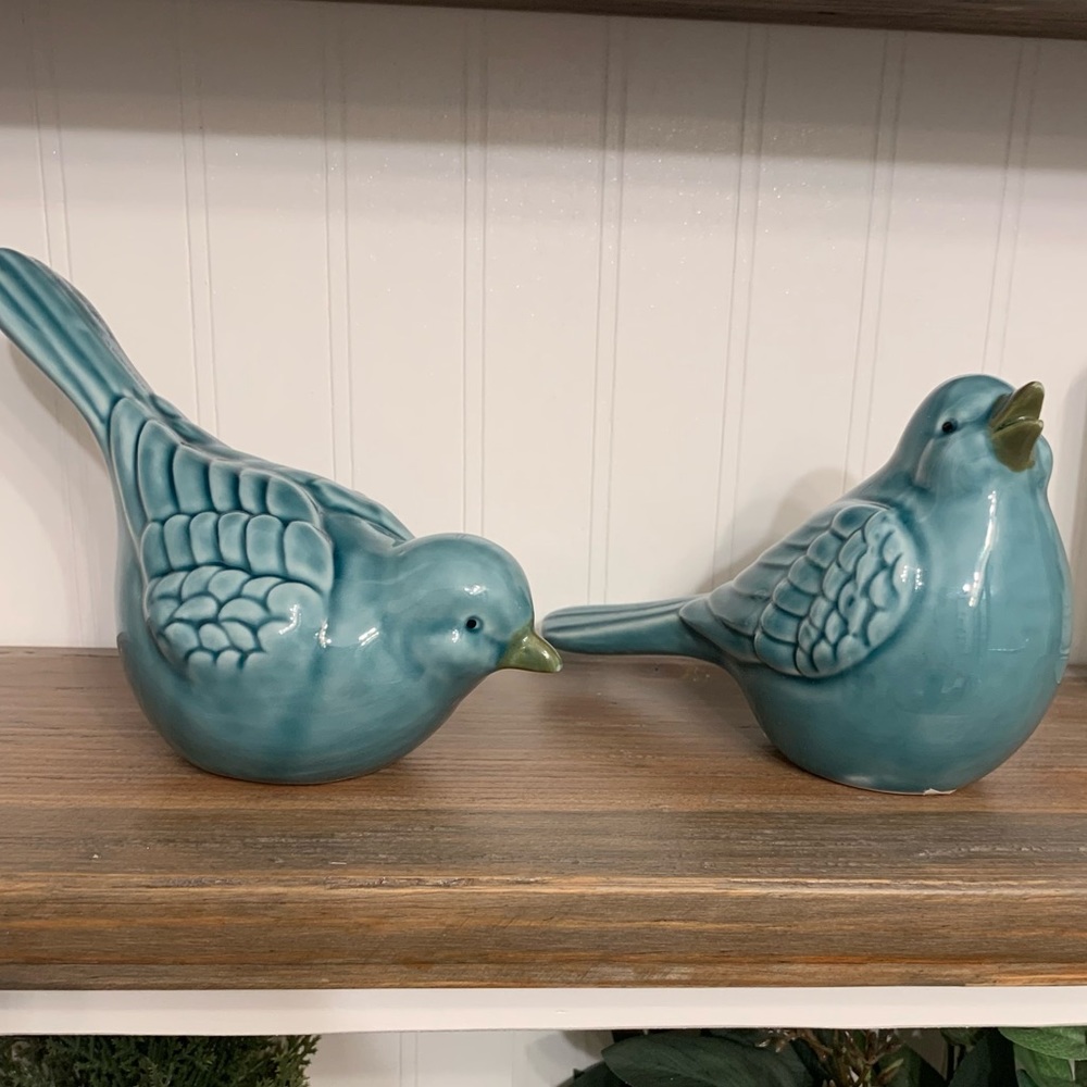 Teal Glazed Ceramic Bird Figures Decor Gift Set
